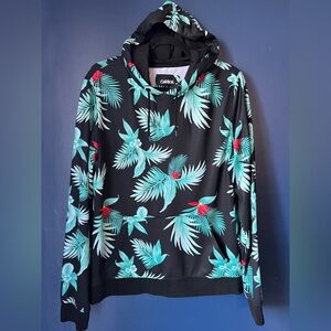 Carbon Mens Large Tropical Floral Hoodie Pullover Kangaroo Pocket Black Teal